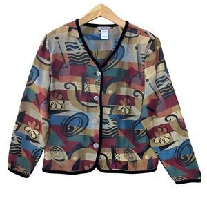 Stonebridge Vintage Multicolor Floral Abstract Velvet Trim Blazer Jacket Sz L